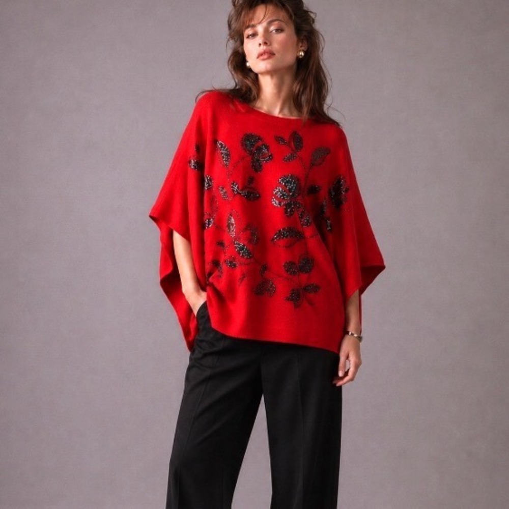 ANNE KLEIN Titian‎ Red Sequin Floral Embellished Poncho Sweater S/M Grannycore